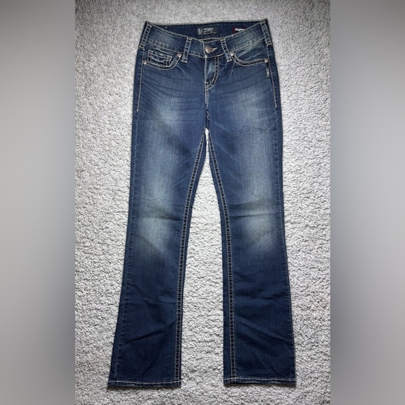 Silver Jeans Womens 28 Suki Super Stretch Slim Boot Cut Mid Rise Dark Big Stitch - Picture 1 of 5